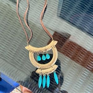 Long bohemian statement necklace w/ large hammered gold and turquoise pendant